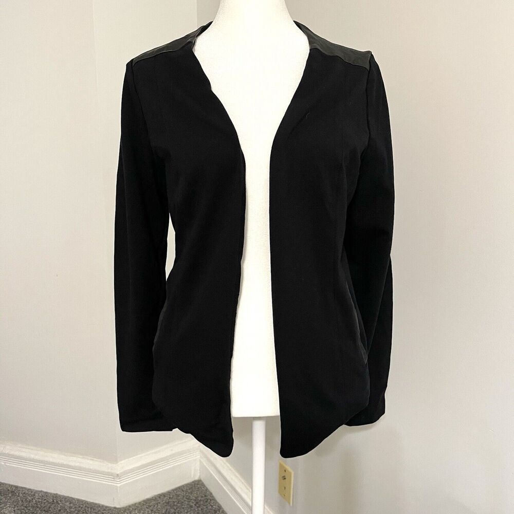 Eileen Fisher Jacket Womens Medium Stretch Viscose Ponte Leather Trim Black - Picture 1 of 10